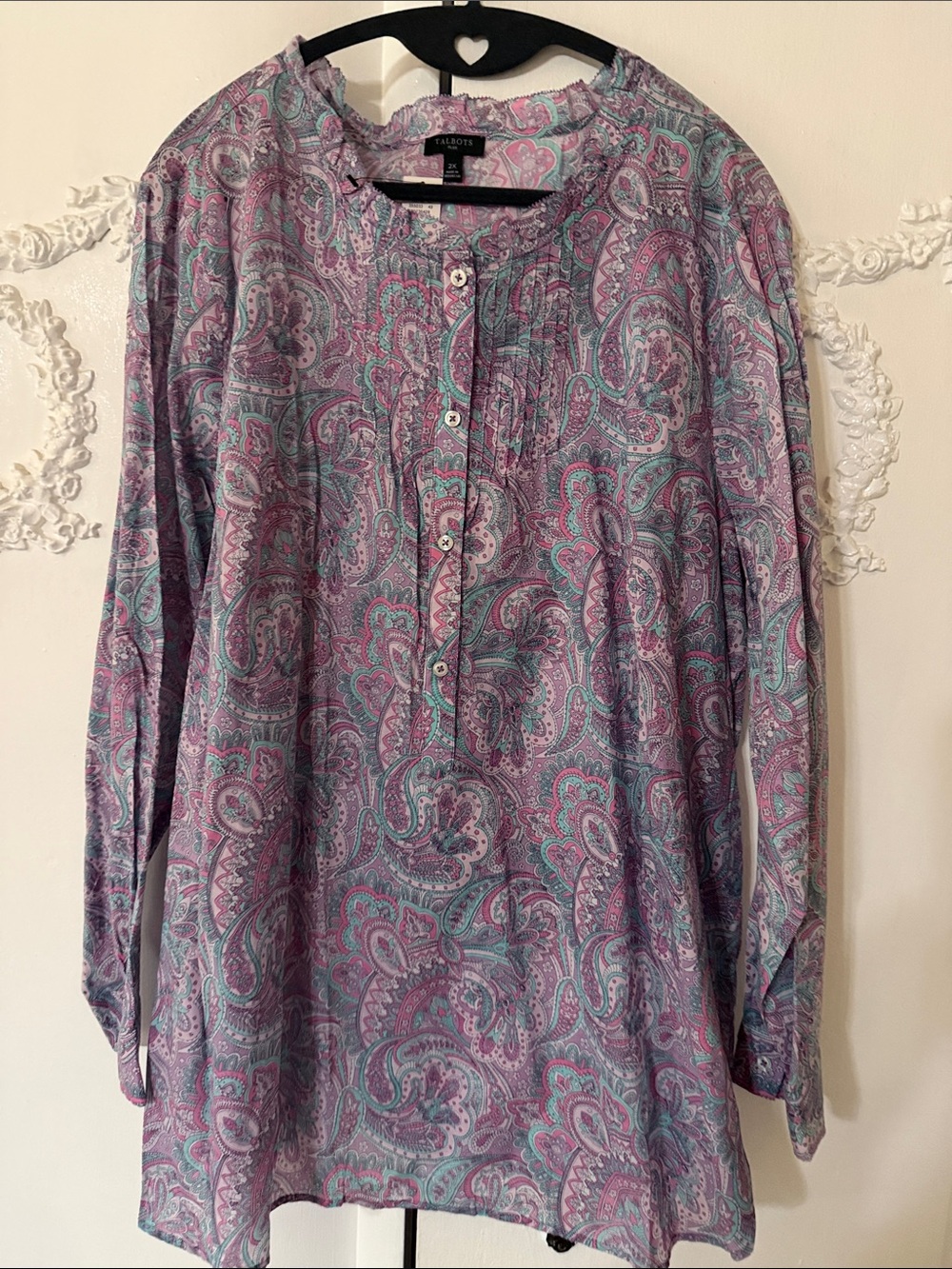 Talbots Lavender and Teal Paisley Tunic with Button Placket